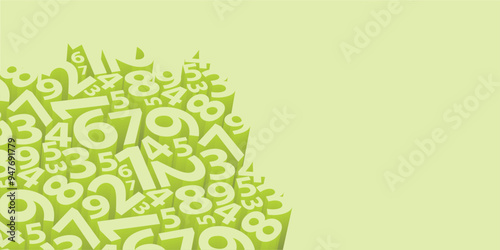 A light green background featuring a tight group of various three dimensional number shapes and copyspace. The digits create a dynamic and visually captivating pattern that adds depth and dimension.