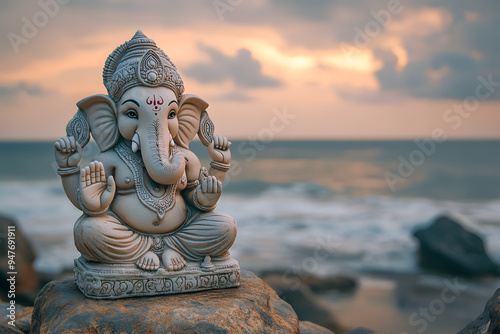 Lord Ganesha with a calm and dramatic ocean background photo