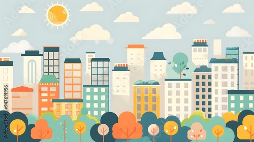 Cityscape Illustration with Buildings and Trees