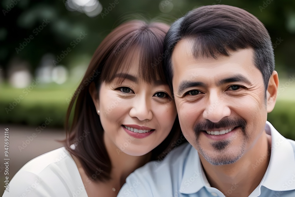 a portrait of a happy attractive middle aged Asian couple in love, smiling, romantic, relationship, joyful, connected, serene, affectionate, intimate, cozy, warm, gentle, content, caring, close a portrait of a happy attractive middle aged Asian couple in love, smiling, romantic, relationship, joyful, connected, serene, affectionate, intimate, cozy, warm, gentle, content, caring, close