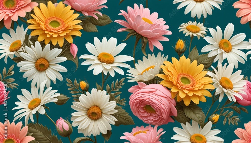 Vibrant Floral Bouquet Seamless Pattern on Teal Background, Modern Vintage Floral Design in Bold Colors - Generative Ai Vibrant Floral Bouquet Seamless Pattern on Teal Background, Modern Vintage Floral Design in Bold Colors - Generative Ai
