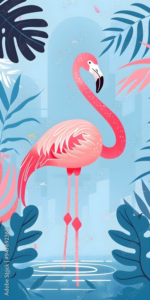 Fototapeta premium Pink Flamingo Bird Illustration With Tropical Leaves