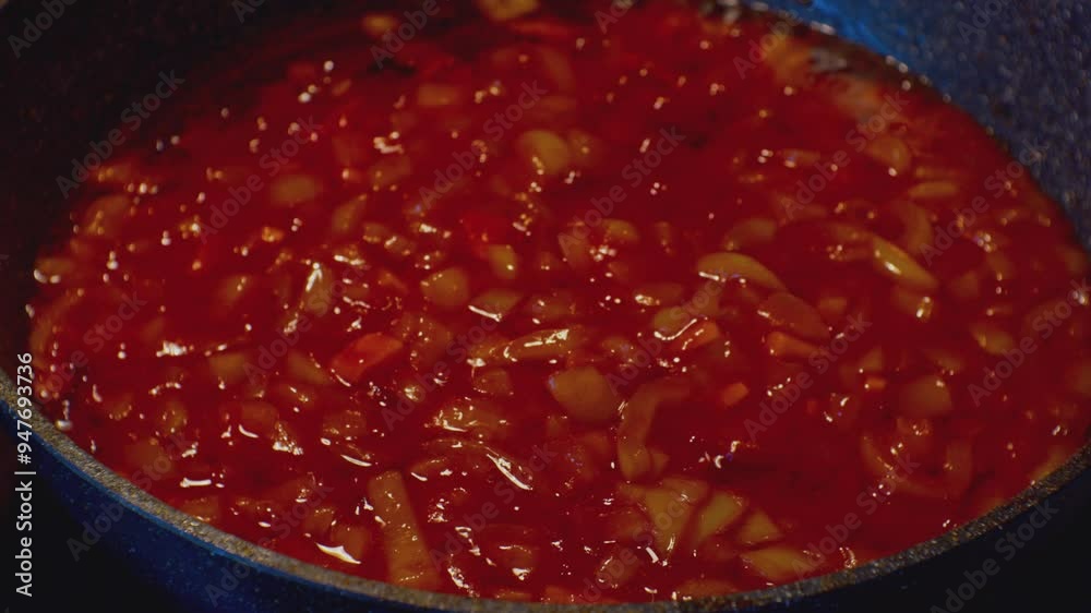 Cooking a vegetarian dish. Sweet green peppers are fried in tomato sauce in a frying pan. Close-up. Top view Cooking a vegetarian dish. Sweet green peppers are fried in tomato sauce in a frying pan. Close-up. Top view