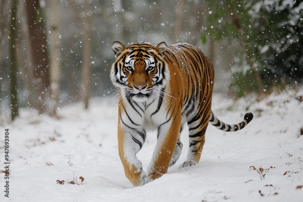 Obraz premium A tiger gracefully walking through snowy woods with generative ai