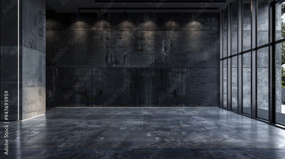 Fototapeta premium Industrial Concrete Interior with Large Windows and Spotlights