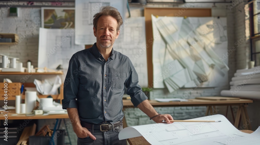 Architect Reviewing Blueprint In His Studio Architect Reviewing Blueprint In His Studio