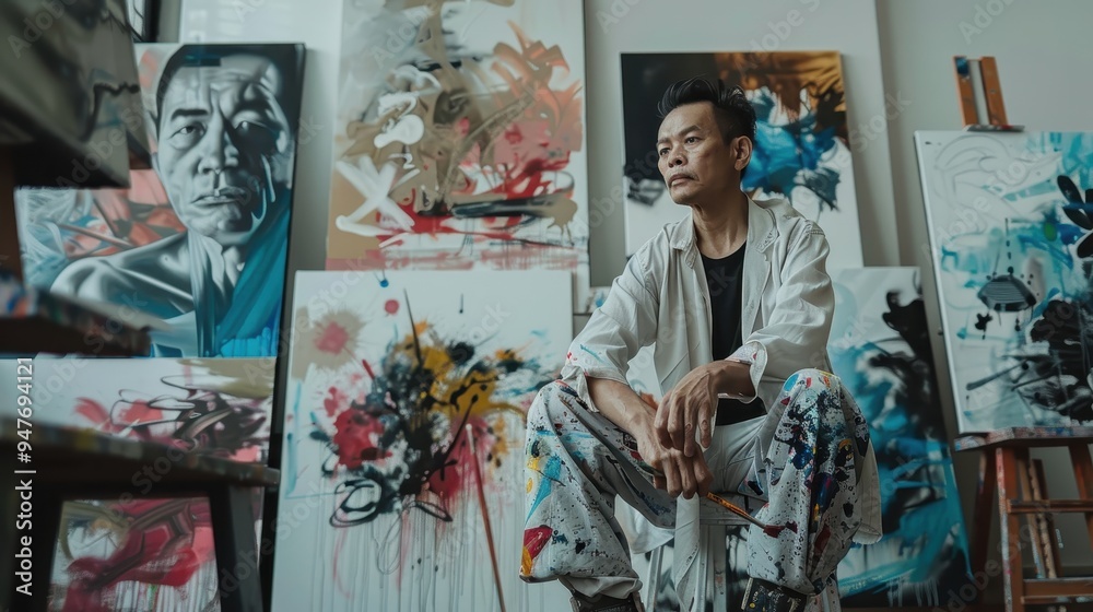 Artist Contemplating His Work in a Studio Filled with Abstract Paintings Artist Contemplating His Work in a Studio Filled with Abstract Paintings