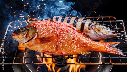 A thickly salt-coated red tilapia and a striped fish, grilled on a steel grid over a charcoal stove, sparks from the charcoal fly up. photo