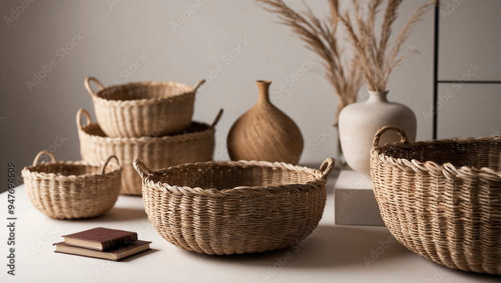 Fototapeta premium Subtle Texture of Woven Straw Baskets Highlighting Craftsmanship and Simplicity