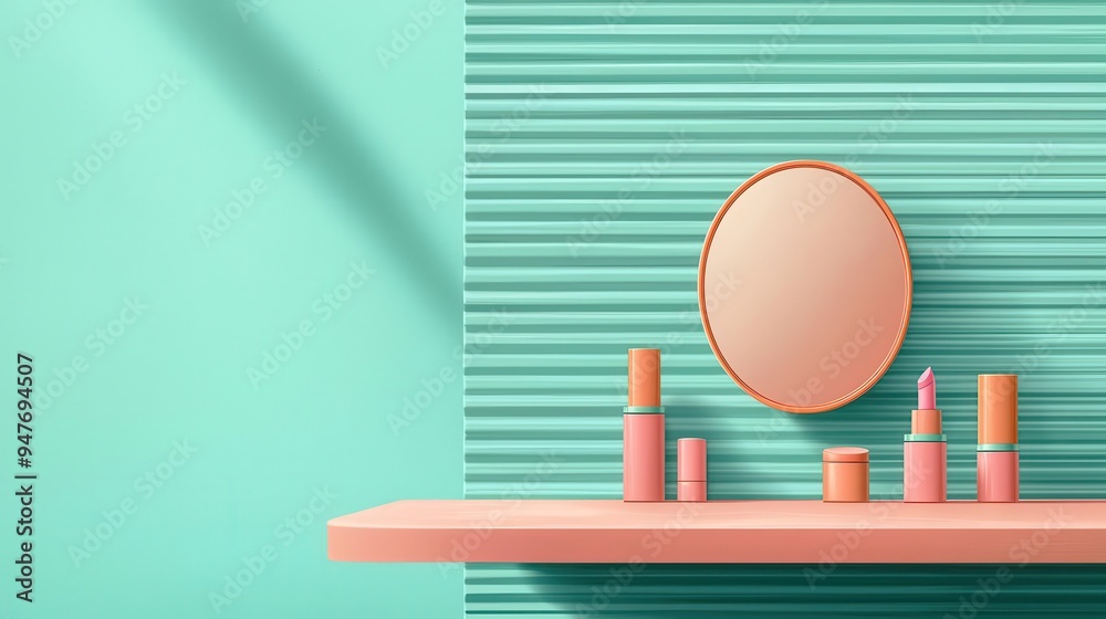 A retroinspired dressing table with pastelcolored cosmetics and a vintage mirror, reflecting the playful side of a superstar, Retro, Illustration A retroinspired dressing table with pastelcolored cosmetics and a vintage mirror, reflecting the playful side of a superstar, Retro, Illustration