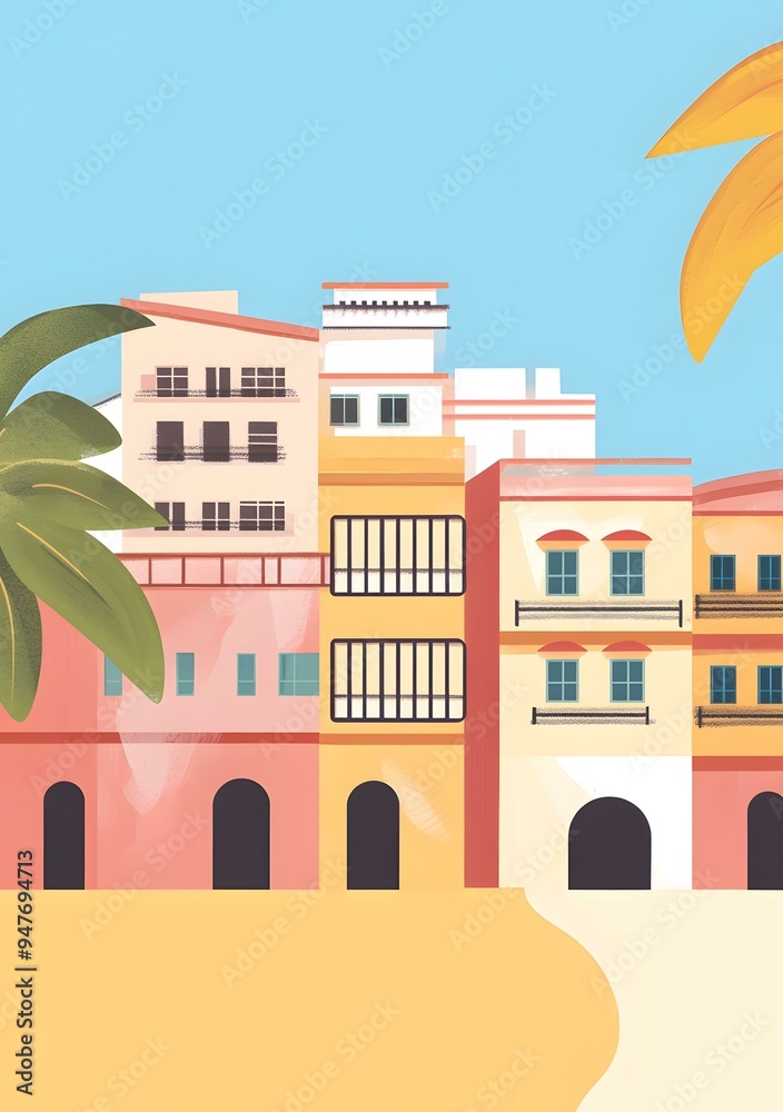 Colorful Building Illustration with Palm Tree Colorful Building Illustration with Palm Tree