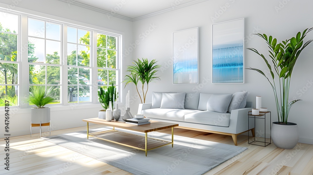 A simple, modern living room with a light gray sofa, a wooden coffee table, and large windows. Minimalist Art Media realistic A simple, modern living room with a light gray sofa, a wooden coffee table, and large windows. Minimalist Art Media realistic