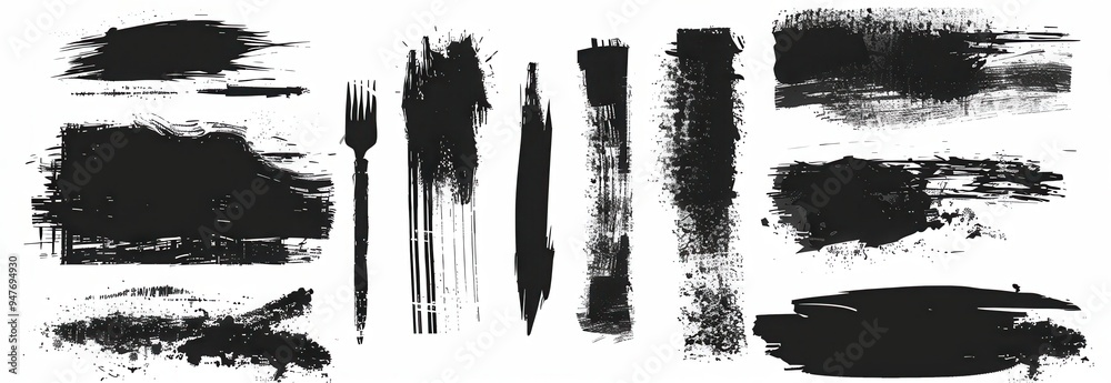 Collection of Black Ink Brush Strokes and a Fork Collection of Black Ink Brush Strokes and a Fork
