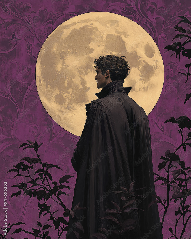 Vampire Gentleman Under Full Moon Gothic Elegance in Purple and Black Vampire Gentleman Under Full Moon Gothic Elegance in Purple and Black
