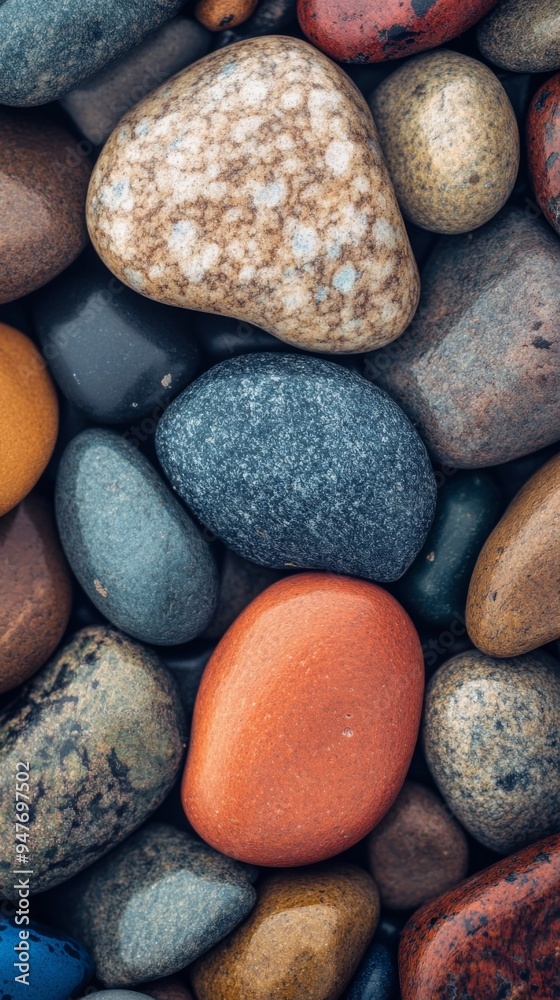 A close up view of Vibrant and Colorful smooth River Pebbles and Stones Background