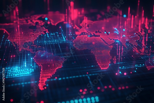 Abstract digital world map with glowing lines and data flow. Futuristic global network concept.