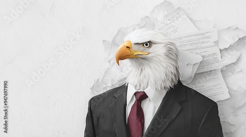 Majestic eagle in a suit, overlooking legal documents on a desk, abstract watercolor backdrop, Watercolor style photo