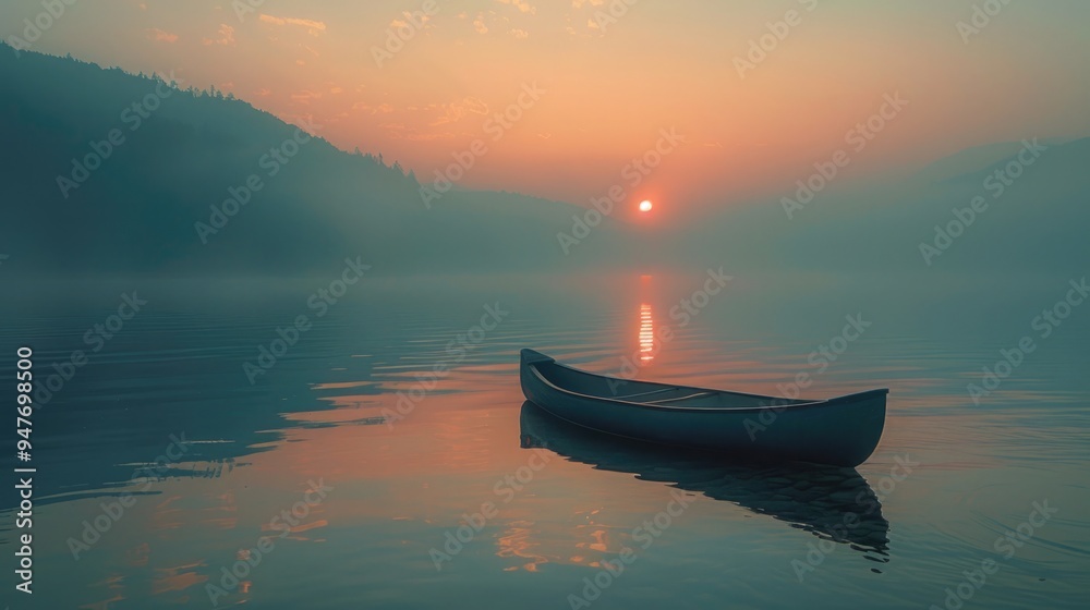 Serene Sunrise on a Lake with a Lone Canoe: A Golden Ratio Composition Serene Sunrise on a Lake with a Lone Canoe: A Golden Ratio Composition