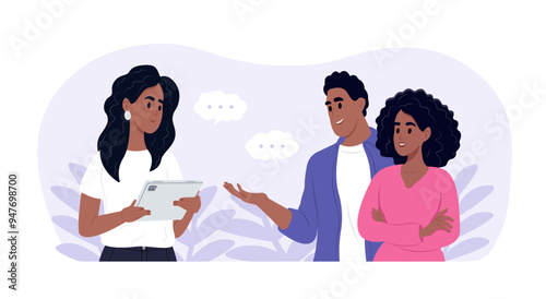A young happy couple undergoing psychotherapy with a psychologist. The couple renews their marriage. Vector illustration in flat style