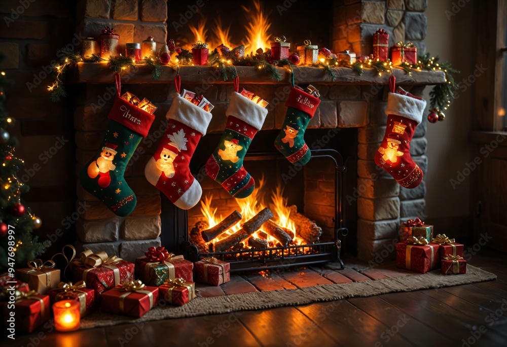 Fototapeta premium A close-up of Christmas stockings hanging on a fireplace, filled with small gifts and illuminated by the warm glow of a fire