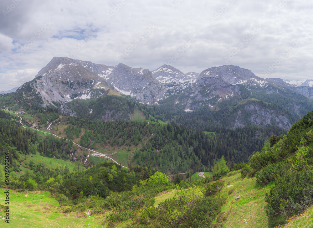 Fototapeta premium Mountain valley with tracks near Jenner mount in Berchtesgaden National Park