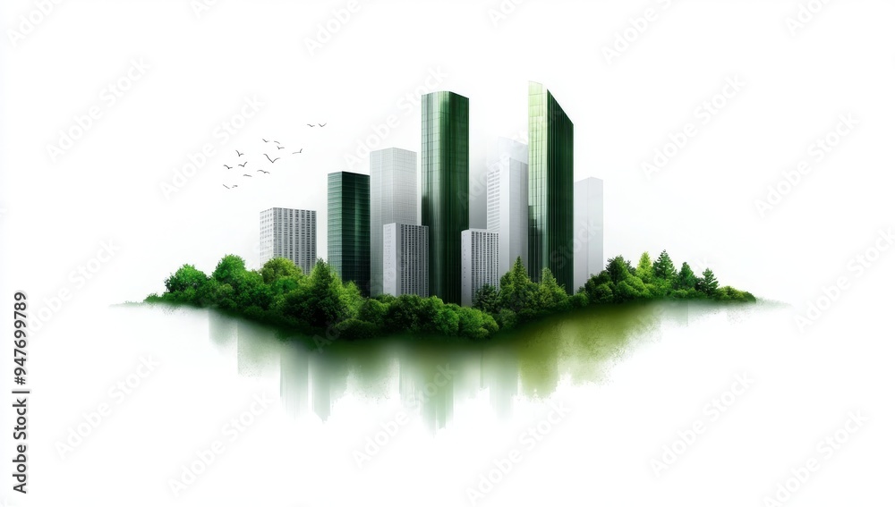 A sketch of green architecture, an urban park with buildings in the background A sketch of green architecture, an urban park with buildings in the background