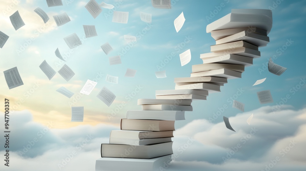 A spiral staircase made of books leading up into the clouds A spiral staircase made of books leading up into the clouds