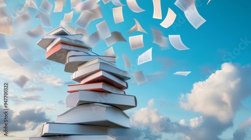 A spiral staircase made of books leading up into the clouds