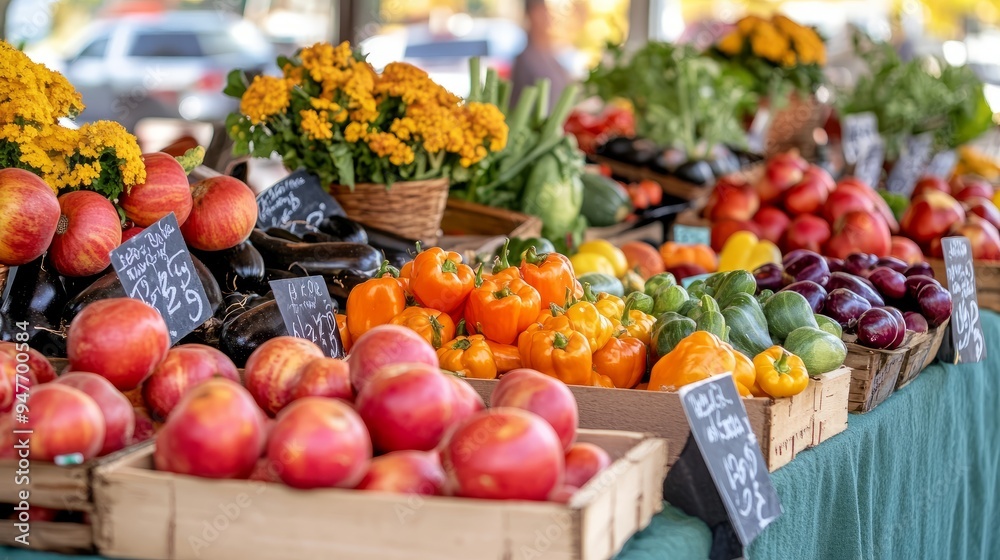 Fresh fruits and vegetables for sale at a market stall. Fresh fruits and vegetables for sale at a market stall.