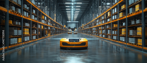 A modern automated warehouse featuring a yellow robot on a polished floor surrounded by organized shelves.