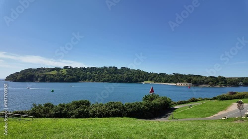 Devon Cornwall England. 07.08.2024. Video. River Tamar viewed from Devon towards the Cornish coast and Mount Edgecombe park. photo