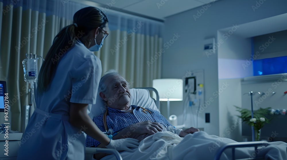 Nurse checking on elderly patient in hospital Nurse checking on elderly patient in hospital