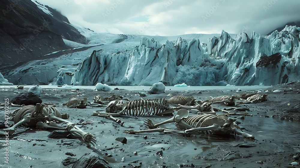 A terrifying scene of animal carcasses close to a glacier lake that is melting