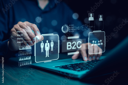 B2C business to consumer concept 2025 on virtual screen.Business to customer marketing strategy.business to client marketing and internet services. communication, feedback, online marketing.