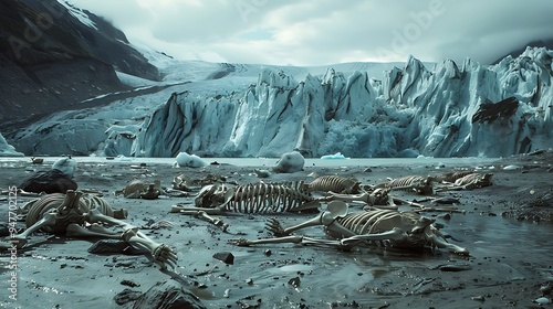 Obraz na płótnie A terrifying scene of animal carcasses close to a glacier lake that is melting w salonie