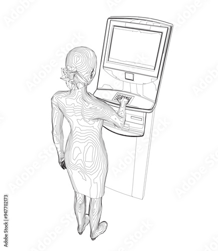 Contour Woman withdraws money from an ATM. Outline of Young woman uses terminal. Young Woman Standing At ATM Machine. Vector illustration in flat style.