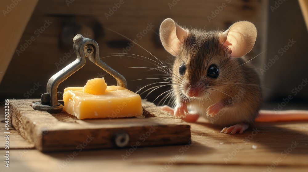 Fototapeta premium A mouse trying to get the cheese from the mousetrap and a baby mouse looking at it from the edge. --ar 16:9 --v 6.1 Job ID: 995180d9-3728-4e58-94ba-67c35d1a6dc4