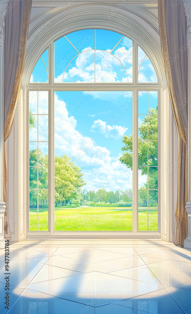 Fototapeta premium Large arched window overlooking green field in luxurious room