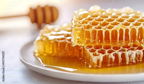 Photo of a honeycomb on a plate with honey, close-up shot, white kitchen background