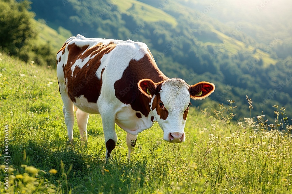 A brown and white cow grazing in a lush green meadow with rolling hills in the background. A brown and white cow grazing in a lush green meadow with rolling hills in the background.