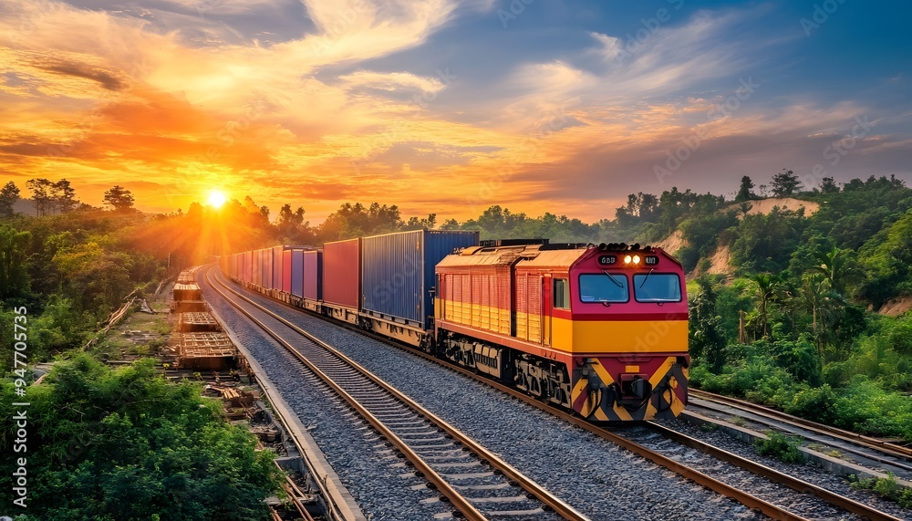 Fototapeta premium Freight Train Traveling Through Lush Forest at Sunset