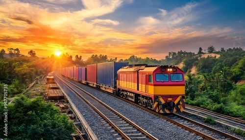 Freight Train Traveling Through Lush Forest at Sunset