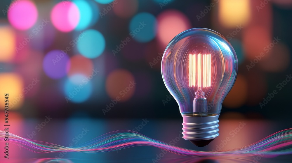 A whimsical representation of a large, glowing light bulb surrounded by dynamic A whimsical representation of a large, glowing light bulb surrounded by dynamic