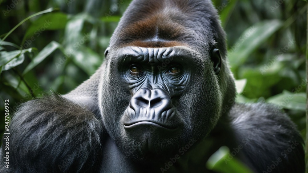 A big gorilla looks sullenly at someone, close-up A big gorilla looks sullenly at someone, close-up