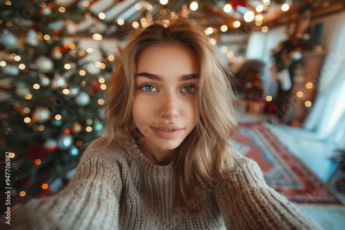 Beautiful young woman taking selfie against the backdrop of a Christmas decorated street