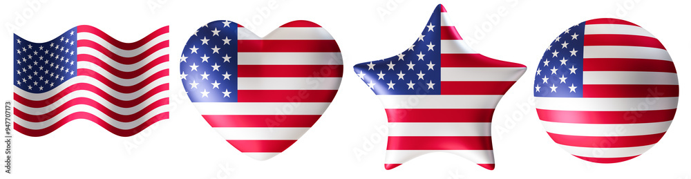 Set of America, USA flags in various shapes, on transparent background. Cut out design elements. Perfect for patriotic themes or national event promotions. Group of symbols. Heart, star. 3D render. Set of America, USA flags in various shapes, on transparent background. Cut out design elements. Perfect for patriotic themes or national event promotions. Group of symbols. Heart, star. 3D render.