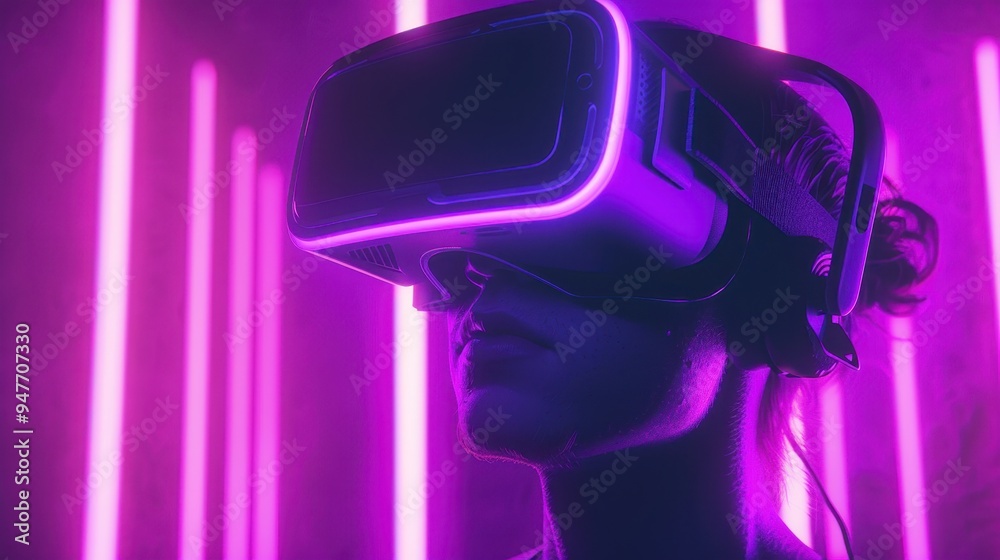 Person Wearing VR Headset in a Purple Neon Room Person Wearing VR Headset in a Purple Neon Room