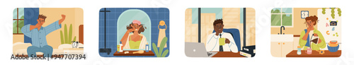 Diverse sleepy people characters in different situation scene set
