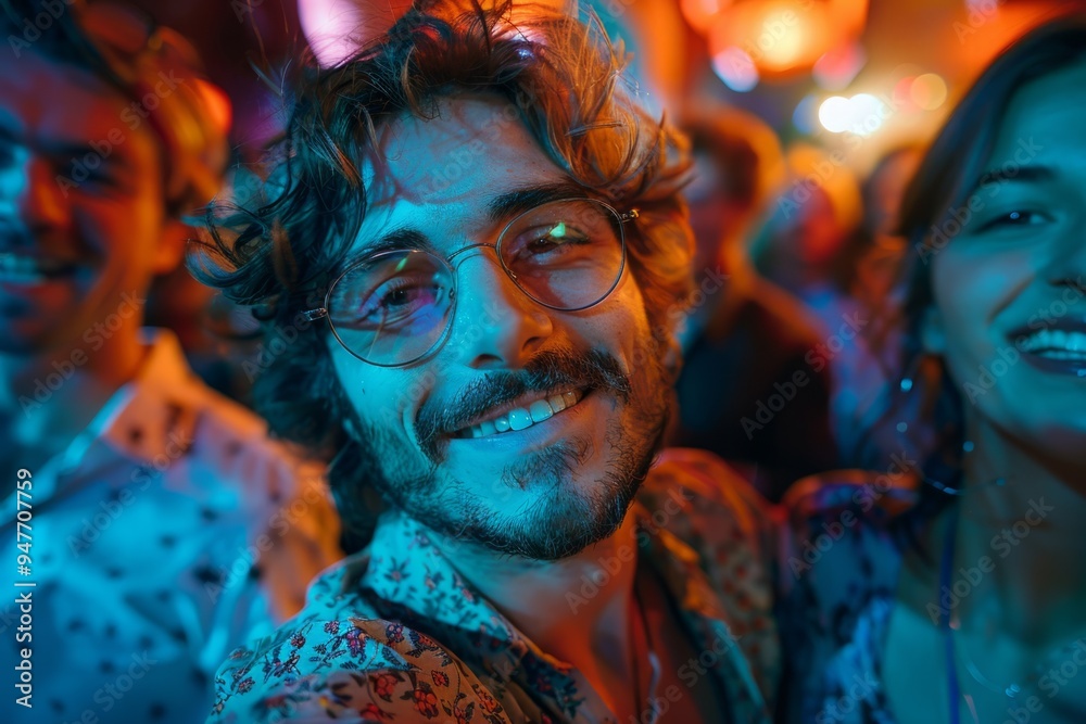 Young man smiling and enjoying music festival with friends Young man smiling and enjoying music festival with friends