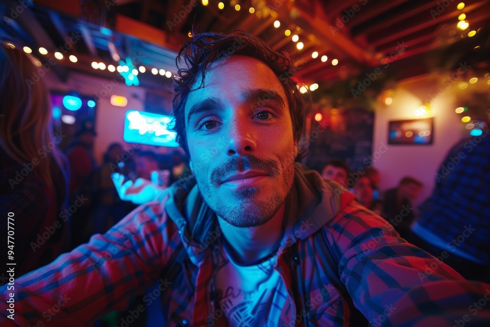 Handsome man taking selfie in crowded bar at night Handsome man taking selfie in crowded bar at night